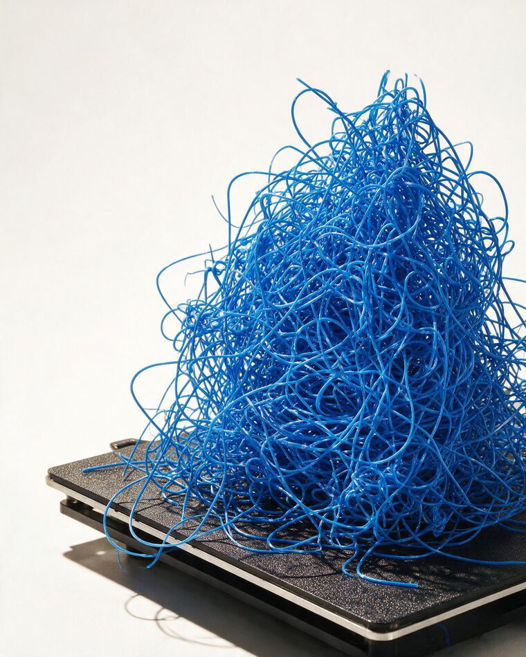 A tangle of electric blue filament piled on a print bed after the print detached mid-job